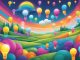 A colorful burst of lightbulbs and thought bubbles floating above a vibrant landscape